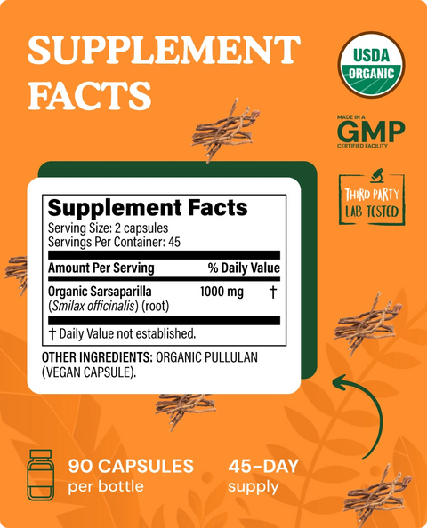 Organic Sarsaparilla Root Capsules — 90 Count