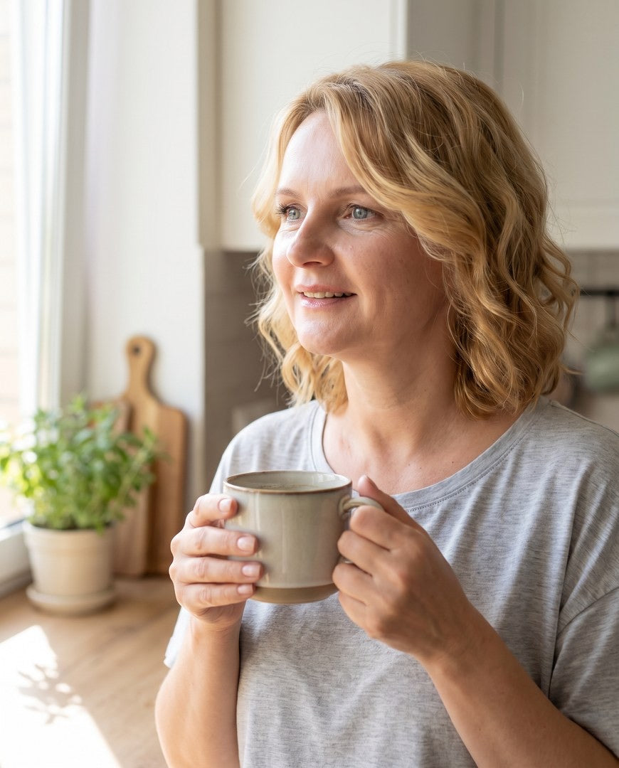 Woman with coffee by the window